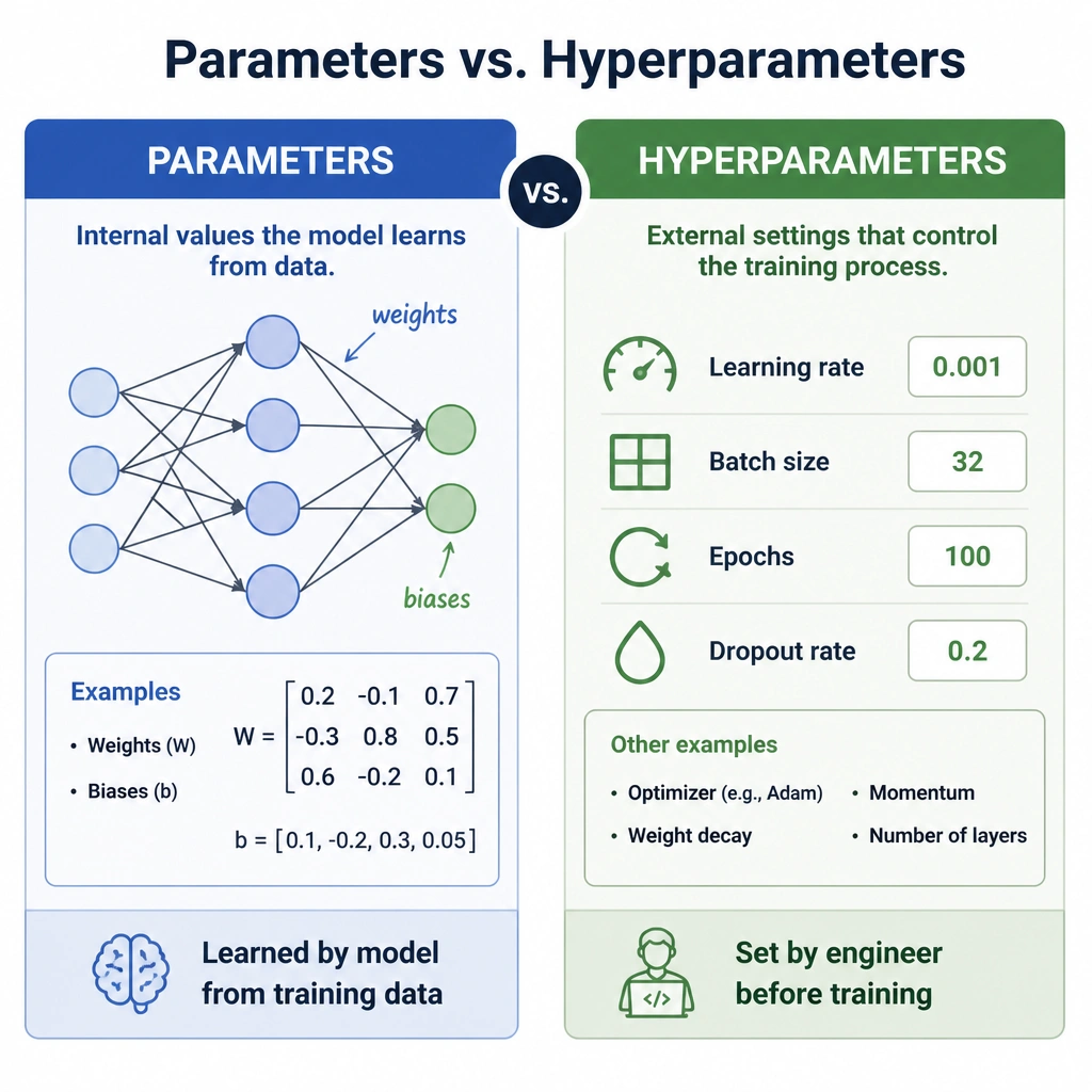 A diagram comparing Parameters vs. Hyperparameters. Show Parameters on one side (e.g., weights, biases) with the label 'Learned by model from training data', and Hyperparameters on the other side (e.g., learning rate, batch size, epochs) with the label 'Set by engineer before training'.