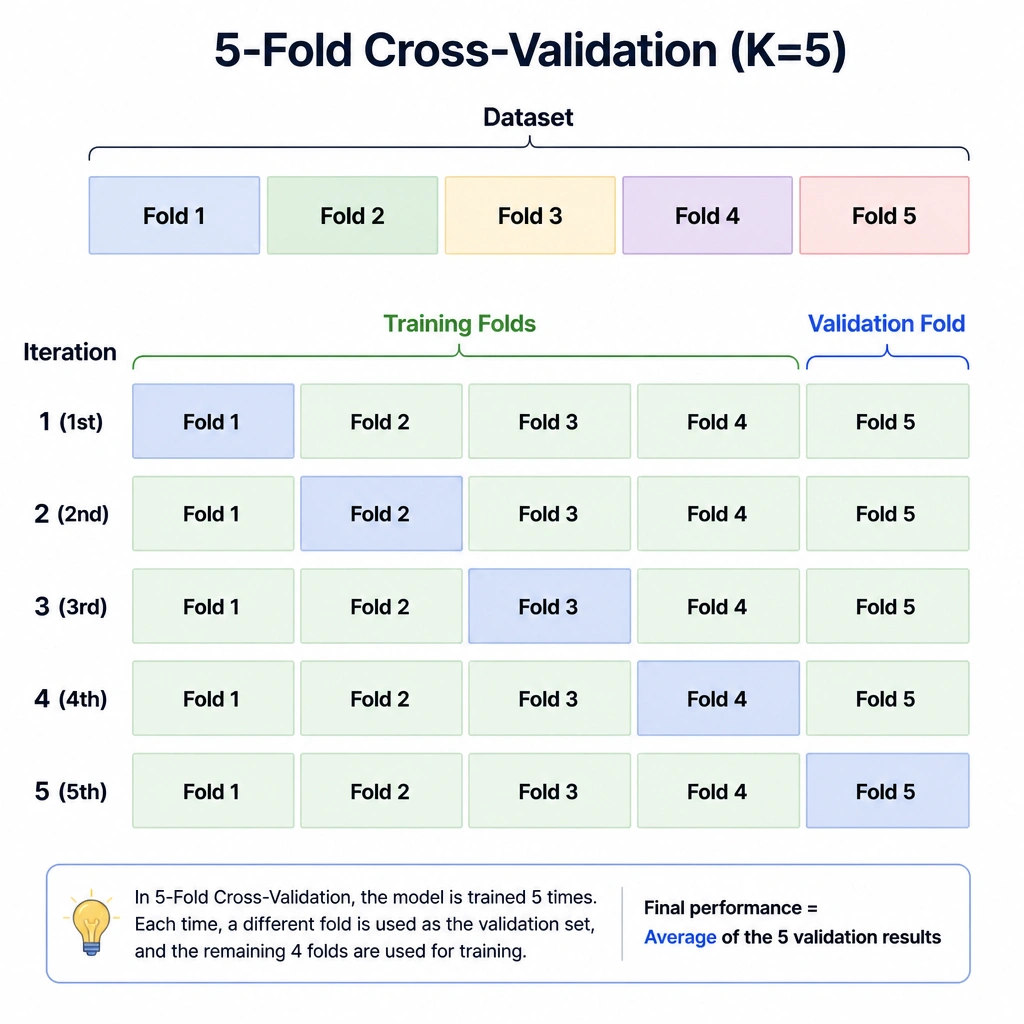 A diagram illustrating K-Fold Cross-Validation (specifically 5-Fold). The diagram should show the dataset split into 5 blocks (folds), with 5 iterations. In each iteration, a different block is highlighted as the 'Validation Fold' while the other 4 are labeled as 'Training Folds'.