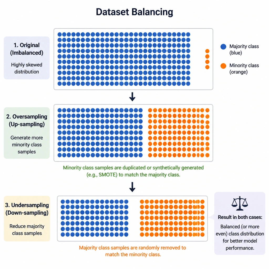 A visual representation of dataset balancing, showing a highly skewed distribution (a giant block of blue dots and a tiny sliver of orange dots) alongside the results of oversampling (more orange dots generated) and undersampling (blue dots reduced) to create an even distribution.