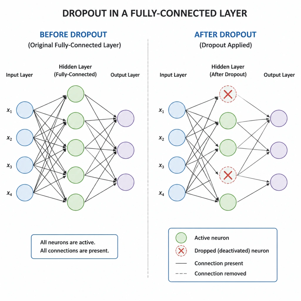 A comparison of a neural network layer before and after applying dropout, showing the original fully-connected layer and then the same layer with selected nodes crossed out (deactivated) and their corresponding connections temporarily removed.