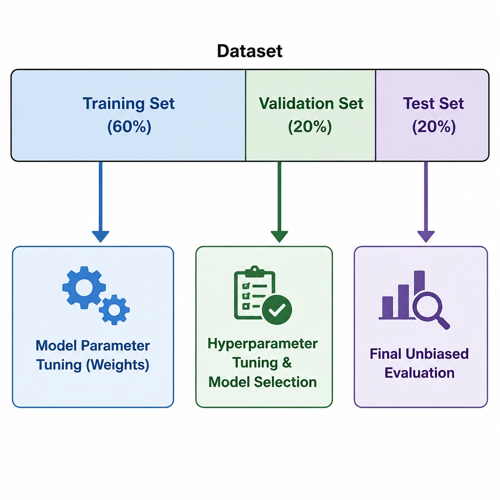 A diagram showing a dataset split into three distinct blocks: Training Set (60%), Validation Set (20%), and Test Set (20%). Flow arrows show the Training Set feeding into "Model Parameter Tuning (Weights)", the Validation Set feeding into "Hyperparameter Tuning & Model Selection", and the Test Set feeding into "Final Unbiased Evaluation".