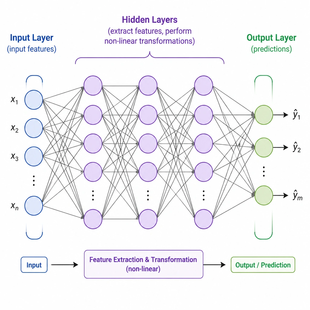 A diagram of a fully connected neural network highlighting the three main parts: an Input Layer (left), Hidden Layers (middle, with multiple layers highlighted), and an Output Layer (right). Labels should point to the middle layers, designating them as "Hidden Layers (extract features, perform non-linear transformations)".