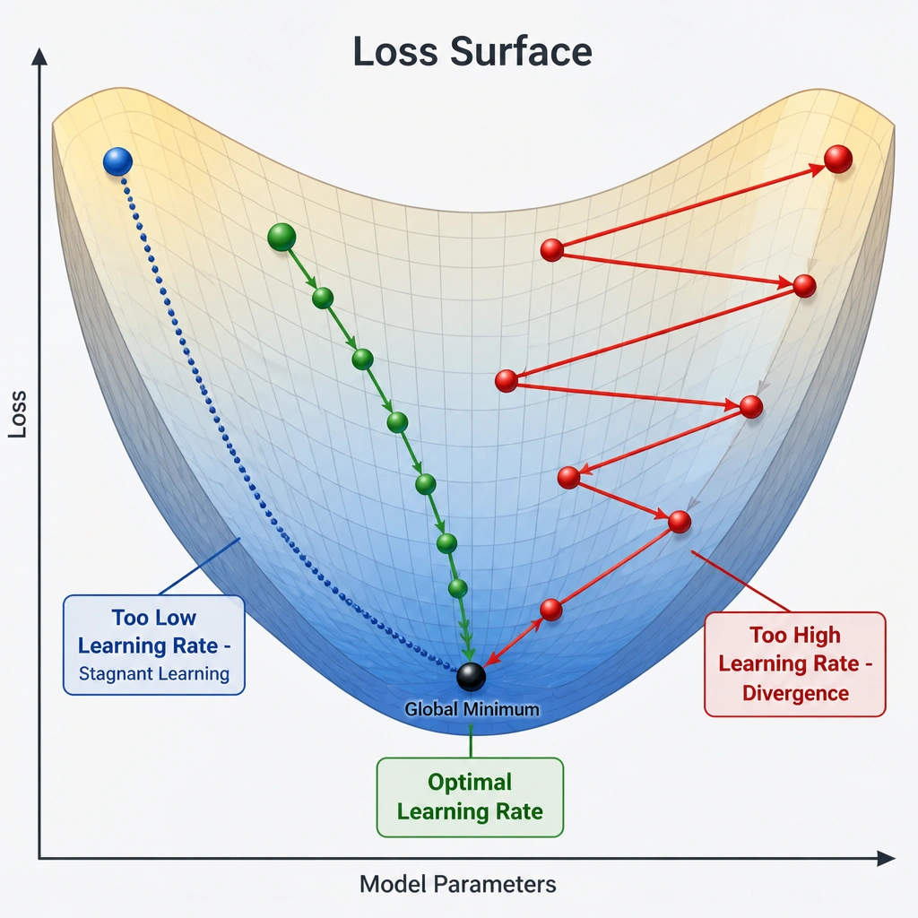 A loss surface diagram (a U-shaped curve or valley). One path shows a ball taking microscopic, barely visible steps down the slope, labeled 'Too Low Learning Rate - Stagnant Learning'. Another path shows a ball jumping wildly back and forth across the valley, labeled 'Too High Learning Rate - Divergence'. A third path shows a ball taking moderate, efficient steps to the bottom, labeled 'Optimal Learning Rate'.