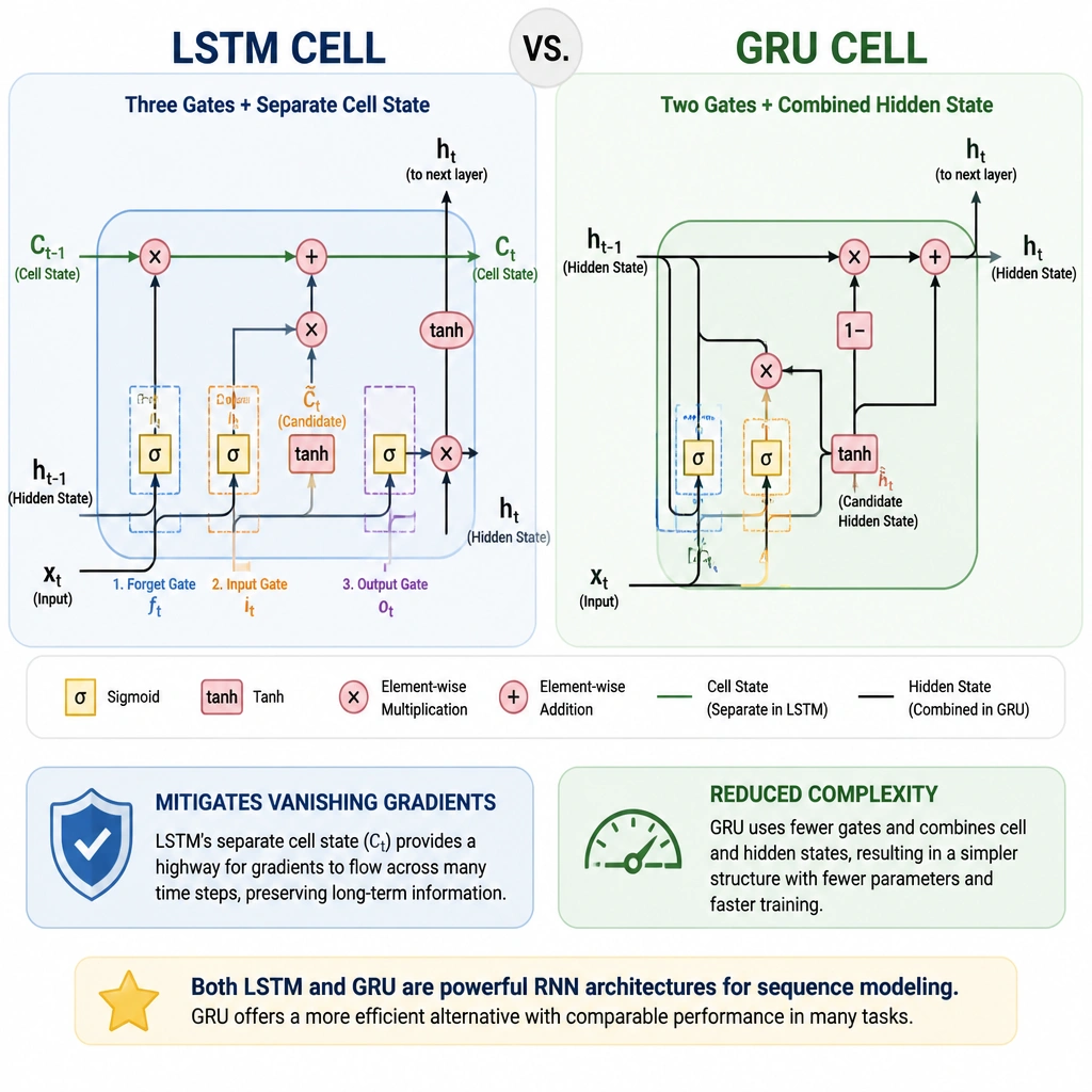A side-by-side comparison of an LSTM cell and a GRU cell. The LSTM cell shows three gates (forget, input, output) and a separate cell state line. The GRU cell shows a simpler structure with only two gates (update, reset) and a combined hidden state, with labels highlighting 'Reduced Complexity' and 'Mitigates Vanishing Gradients'.