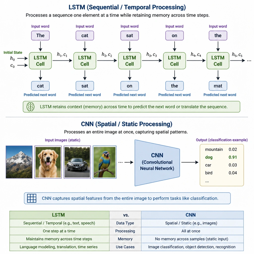 A sequence of words entering an LSTM block one by one (e.g., 'The', 'cat', 'sat', 'on', 'the'). The LSTM block retains memory across time steps to generate the next word in the sequence or translate it. In contrast, static images are shown entering a CNN block, highlighting the difference between sequential/temporal processing (LSTM) and spatial/static processing (CNN).