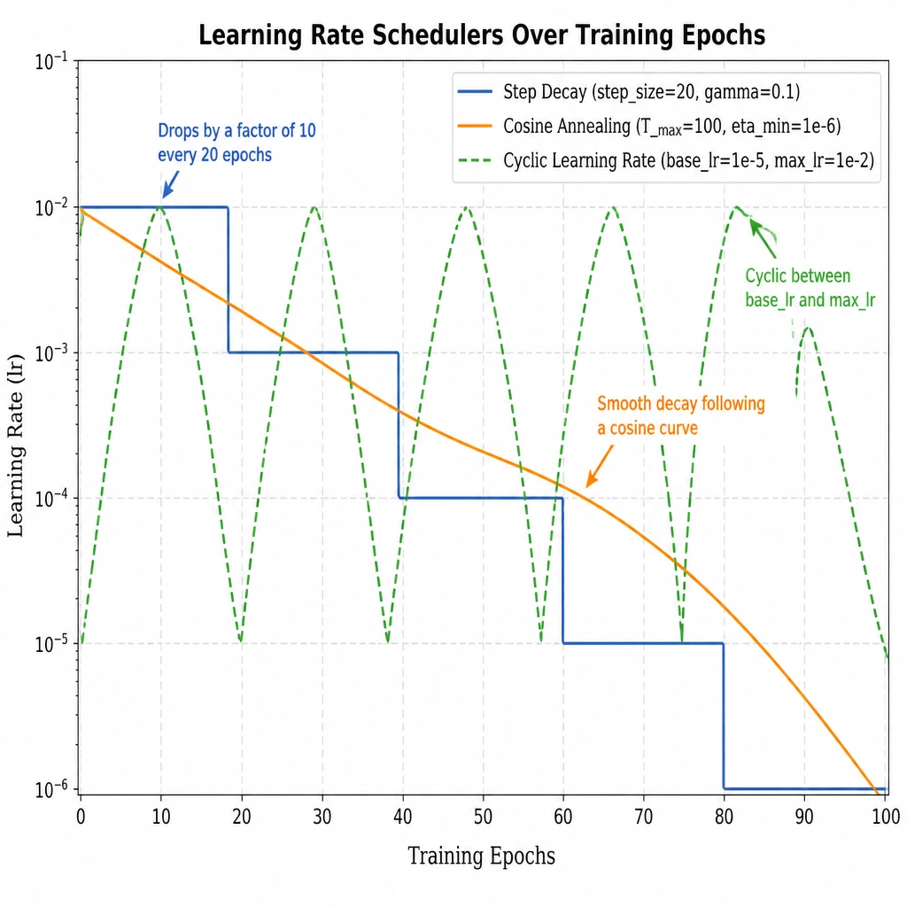 A graph showing the relationship between training epochs (X-axis) and learning rate (Y-axis). Different scheduler curves are plotted (e.g., Step Decay, Cosine Annealing, and a Cyclic Learning Rate), illustrating how the learning rate changes automatically over time to guide the training process.