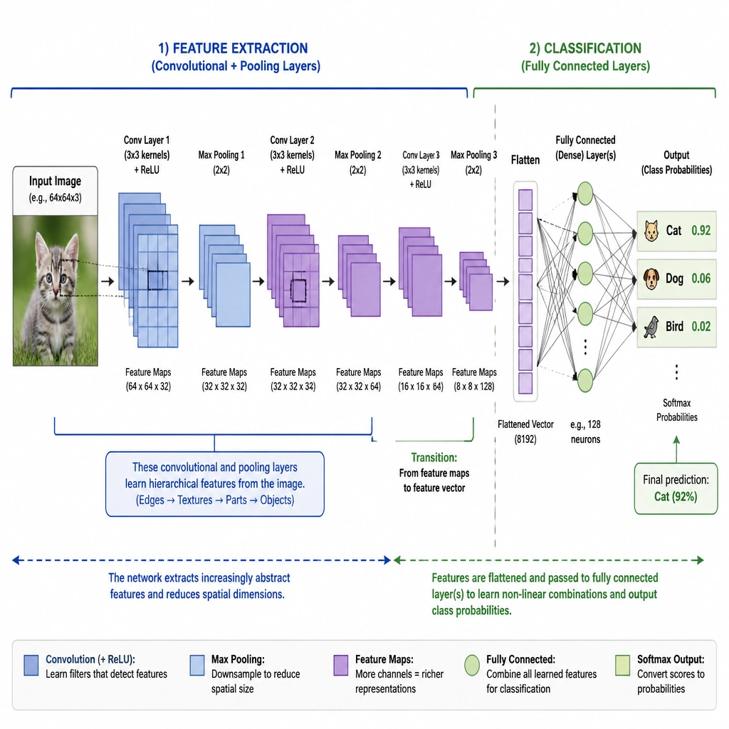 A diagram of a CNN architecture. On the left are convolutional and pooling layers extracting features from an image. On the right, the features are flattened and connected to a fully connected (dense) layer. This layer outputs class probabilities (e.g., Cat, Dog, Bird). Annotations highlight the transition from feature extraction to the final classification decision.