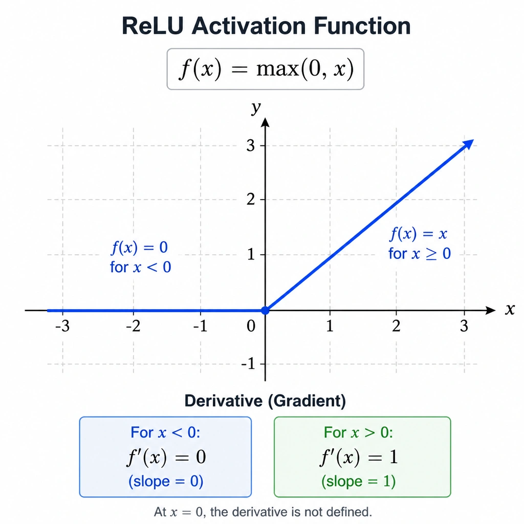 A graph of the ReLU activation function showing the horizontal line at y=0 for x < 0, and a linear diagonal line at y=x for x >= 0. The graph should display the formula f(x) = max(0, x) and indicate the derivative (gradient) on both sides: derivative is 0 for negative inputs, and derivative is 1 for positive inputs.