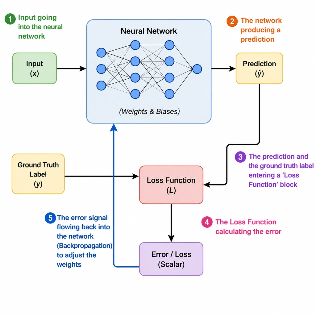 A feedback loop diagram showing: 1. Input going into the neural network, 2. The network producing a prediction, 3. The prediction and the ground truth label entering a 'Loss Function' block, 4. The Loss Function calculating the error, and 5. The error signal flowing back into the network (Backpropagation) to adjust the weights.