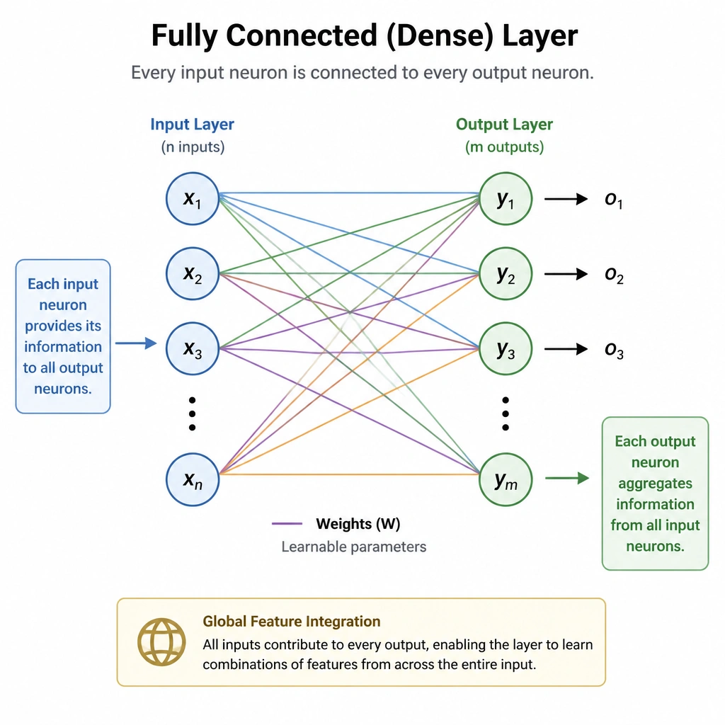 Diagram of a fully connected (dense) layer showing a set of input neurons completely connected via lines (representing weights) to every neuron in the output layer, illustrating global feature integration.
