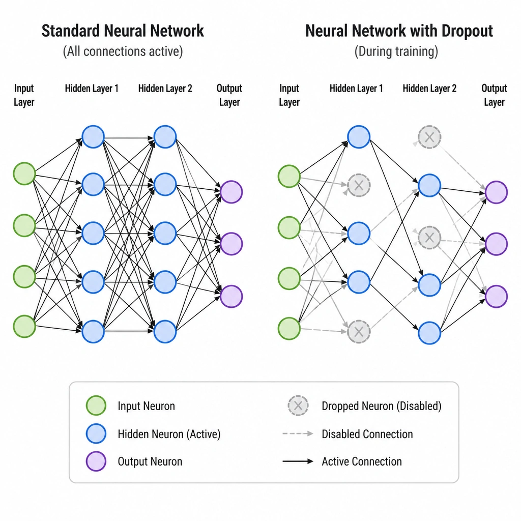 Visual comparison of a standard neural network with all connections active versus a network with a Dropout layer applied during training, showing some neurons and their associated connections greyed out (disabled).