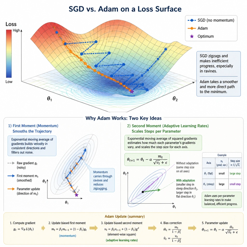 A conceptual comparison diagram showing standard SGD vs. Adam optimizer path on a loss surface. The diagram should highlight the components of Adam: the first moment (momentum) smoothing the trajectory, and the second moment (adaptive learning rates) scaling steps individually for parameter axes.