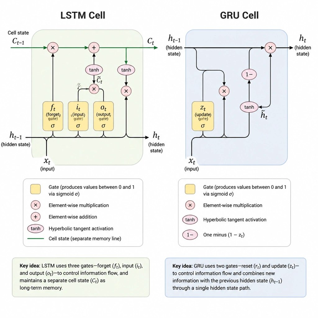 A side-by-side architectural comparison of an LSTM cell and a GRU cell. The LSTM cell diagram should show the input, forget, and output gates along with the separate cell state ($Ct$) line. The GRU cell diagram should show the reset and update gates acting on a single hidden state ($ht$) flow.