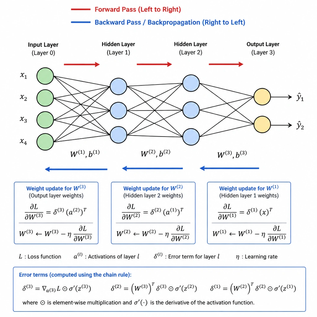 A diagram of a 3-layer neural network. Show red arrows pointing from left to right representing the forward pass, and blue arrows pointing from right to left representing the backward propagation of errors, labeled with the chain rule equations for weight updates.