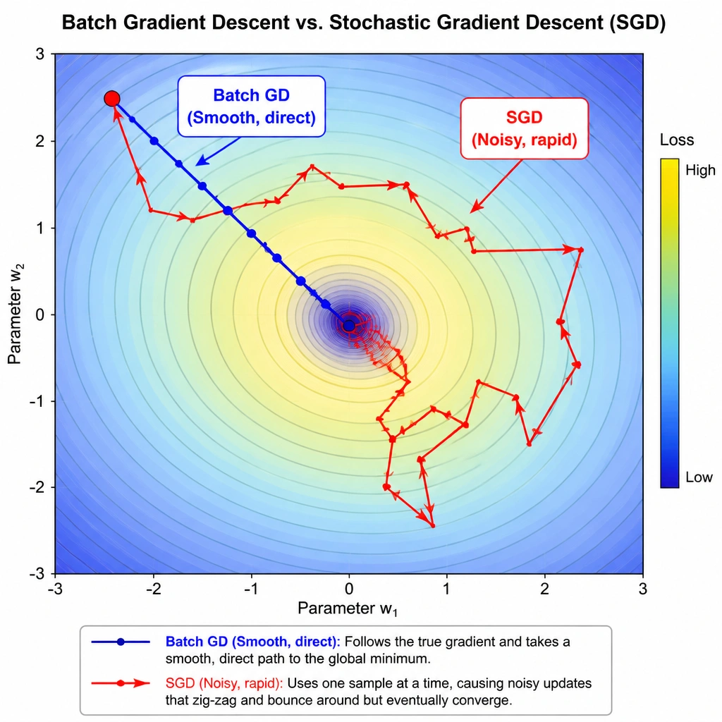 A comparison graph of the optimization paths of Batch Gradient Descent versus Stochastic Gradient Descent (SGD) on a contour plot of a loss function. The Batch Gradient Descent path should be represented by a smooth, direct line straight to the global minimum. The SGD path should be represented by a highly erratic, zig-zagging line that bounces around but eventually approaches the same minimum area. Clearly label 'Batch GD (Smooth, direct)' and 'SGD (Noisy, rapid)'.