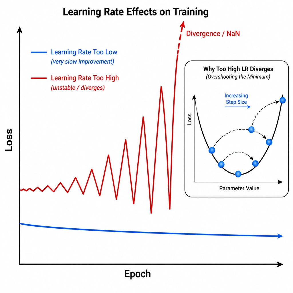 A diagram showing two loss curves on a graph of Loss (y-axis) vs. Epoch (x-axis). The first curve represents 'Learning Rate Too Low' (a very slow, flat downward slope). The second curve represents 'Learning Rate Too High' (wild zig-zag oscillations that grow larger and shoot off the top of the chart towards infinity, labeled 'Divergence / NaN'). An inset diagram of a U-shaped loss curve shows an optimizer ball overshooting the bottom back and forth with increasing step sizes.