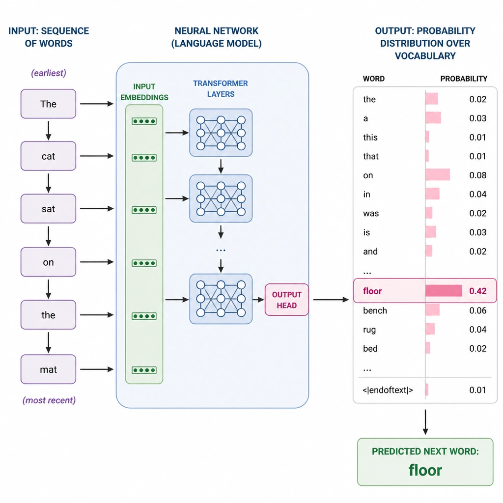 A sequence of input words entering a neural network, with the network outputting a probability distribution over a vocabulary of words to select the most likely next word.