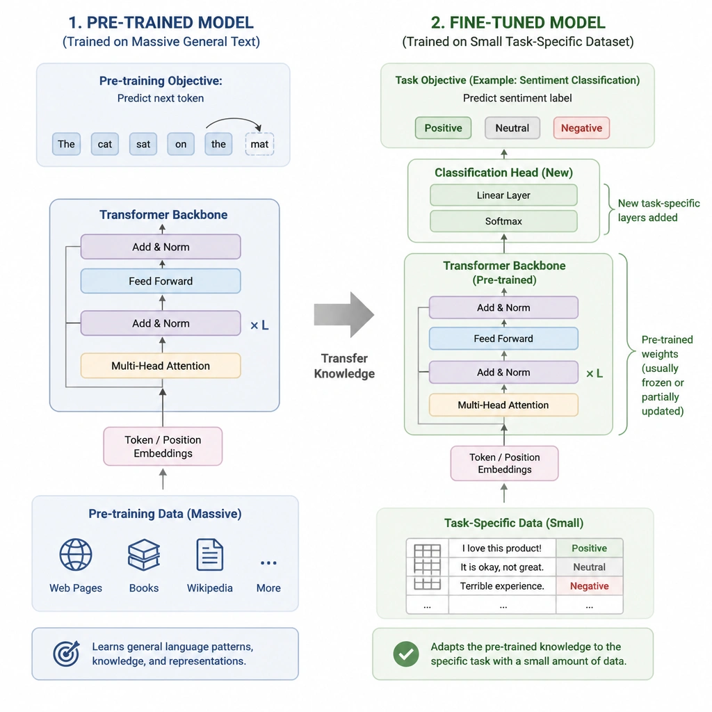 A schematic comparison showing the transition from a pre-trained model (trained on massive general text) to a fine-tuned model (trained on a small task-specific dataset with classification layers).