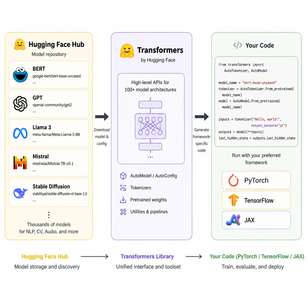 A diagram showing the Hugging Face Hub (with various models like BERT and GPT) feeding into the Transformers library, which then outputs code that integrates with PyTorch, TensorFlow, or JAX.