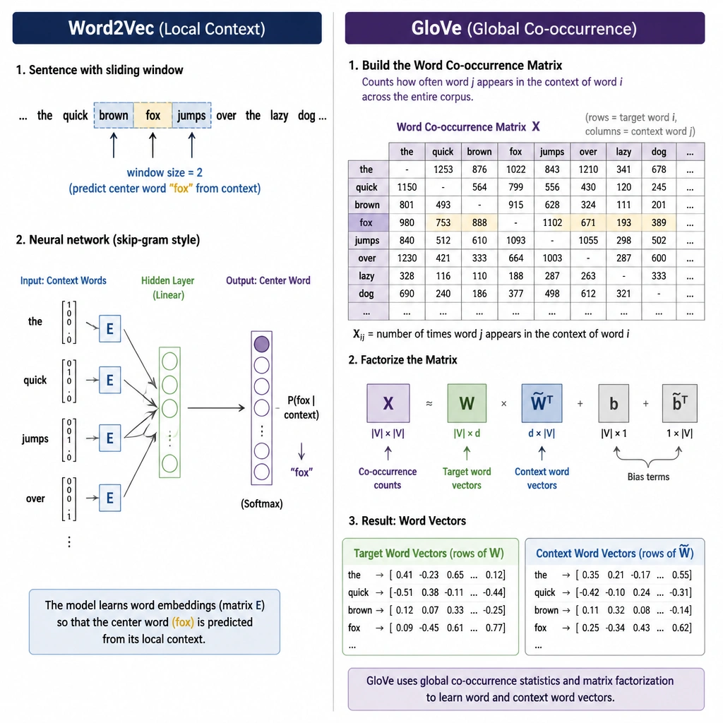 A side-by-side comparison diagram. On the left (Word2Vec), show a sentence with a sliding window highlighted, showing a neural network predicting a center word from context words. On the right (GloVe), show a giant spreadsheet representing a "Word Co-occurrence Matrix" detailing global counts across a corpus, with arrows pointing to a matrix factorization step yielding word vectors.
