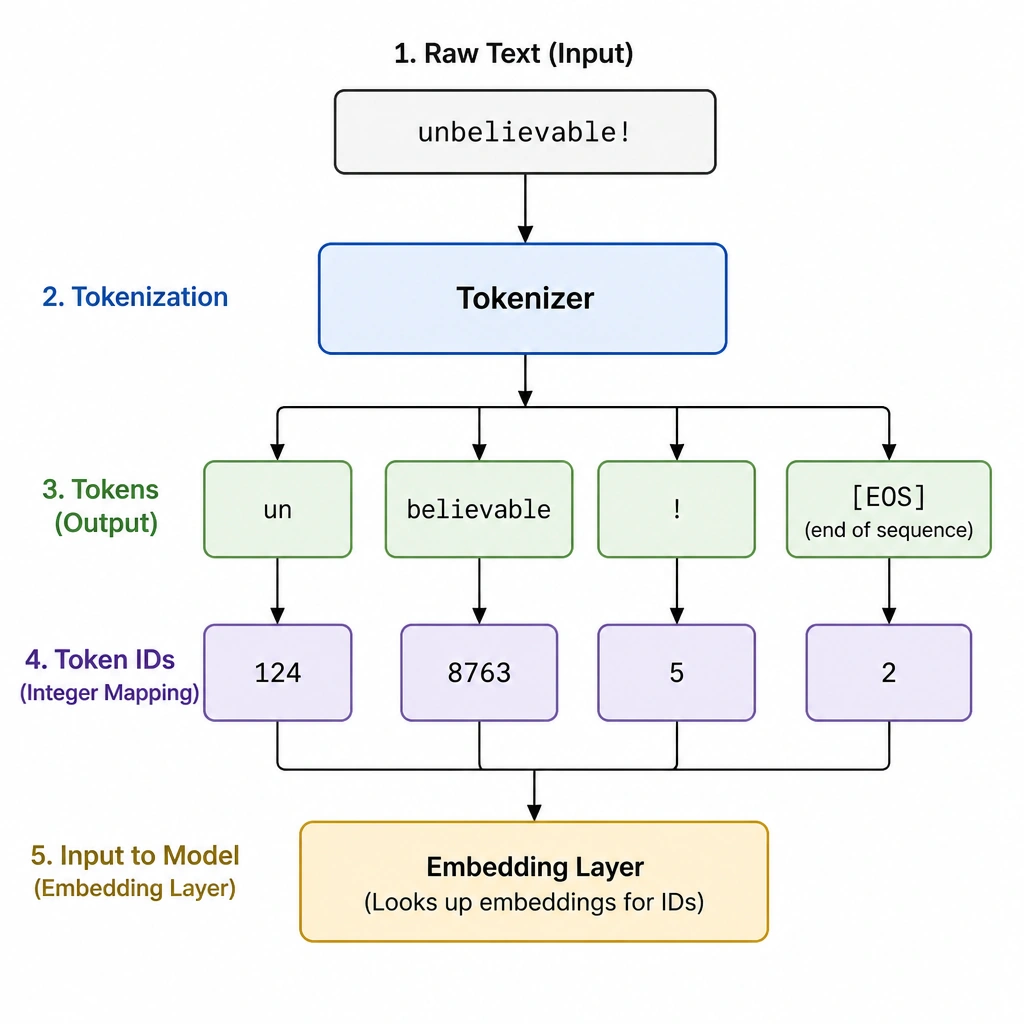 A flow diagram showing tokenization. Raw text "unbelievable!" is shown at the input. It passes through a "Tokenizer" block. At the output, it is split into four distinct boxes representing tokens: ["un", "believable", "!"]. Show how these tokens map to integer IDs (e.g., [124, 8763, 5]) which are then fed into the model's embedding layer.