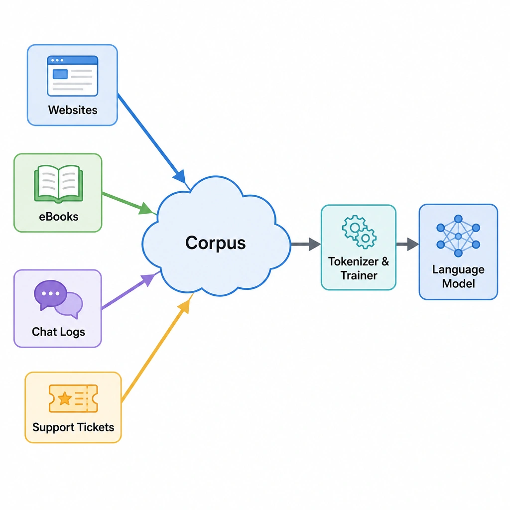 A concept map showing a central cloud labeled 'Corpus'. Surrounding it and pointing into it are various data sources: 'Websites', 'eBooks', 'Chat Logs', and 'Support Tickets'. Out of the 'Corpus' cloud points a pipeline labeled 'Tokenizer & Trainer' leading to 'Language Model'.
