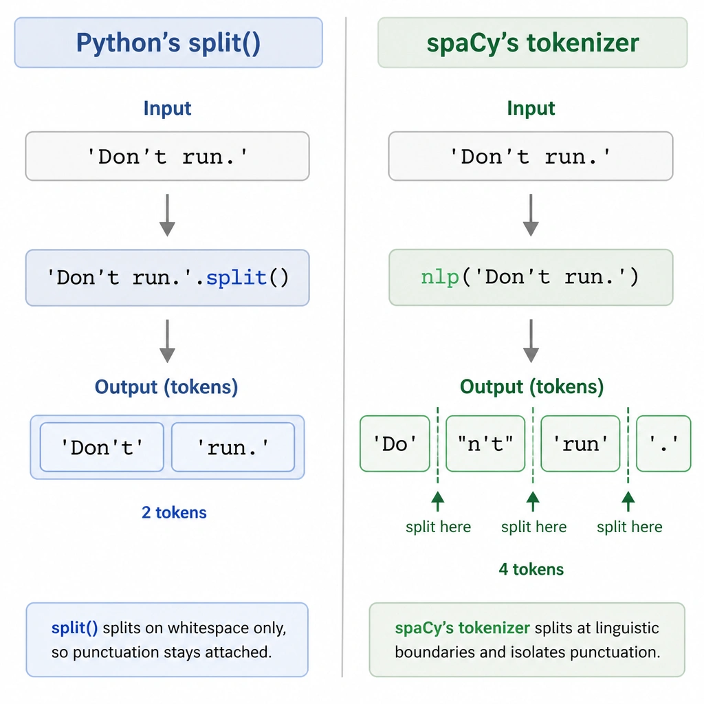 A side-by-side comparison diagram. On the left side, showing Python's split() taking the input 'Don't run.' and outputting two tokens: ['Don't', 'run.']. On the right side, showing spaCy's tokenizer taking the same input and outputting four clean tokens: ['Do', "n't", 'run', '.'], highlighting the split points and isolated punctuation.