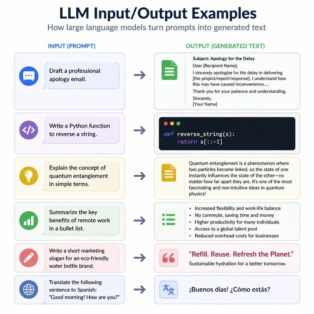 A visual grid of various LLM input/output pairs demonstrating text-generation applications. For example, a prompt bubble reads 'Draft a professional apology email' and points to a document icon showing a generated email layout. Another prompt reads 'Write a python function to reverse a string' pointing to a code block icon with def reversestring(s): return s[::-1]. The grid highlights generative text applications.