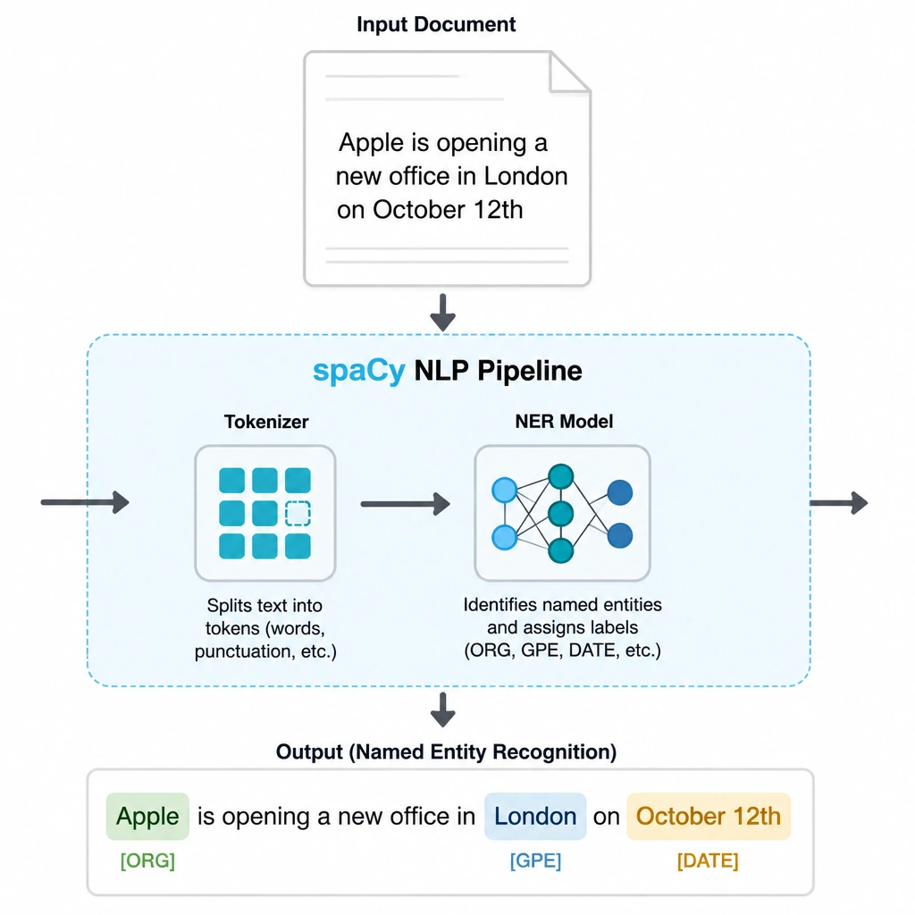 A schematic showing a document containing the text 'Apple is opening a new office in London on October 12th' passing through spaCy's NLP pipeline. Inside the pipeline block, icons for Tokenizer and NER Model are shown. The output text shows color-coded tags: 'Apple' [ORG], 'London' [GPE], and 'October 12th' [DATE], representing successful named entity extraction.