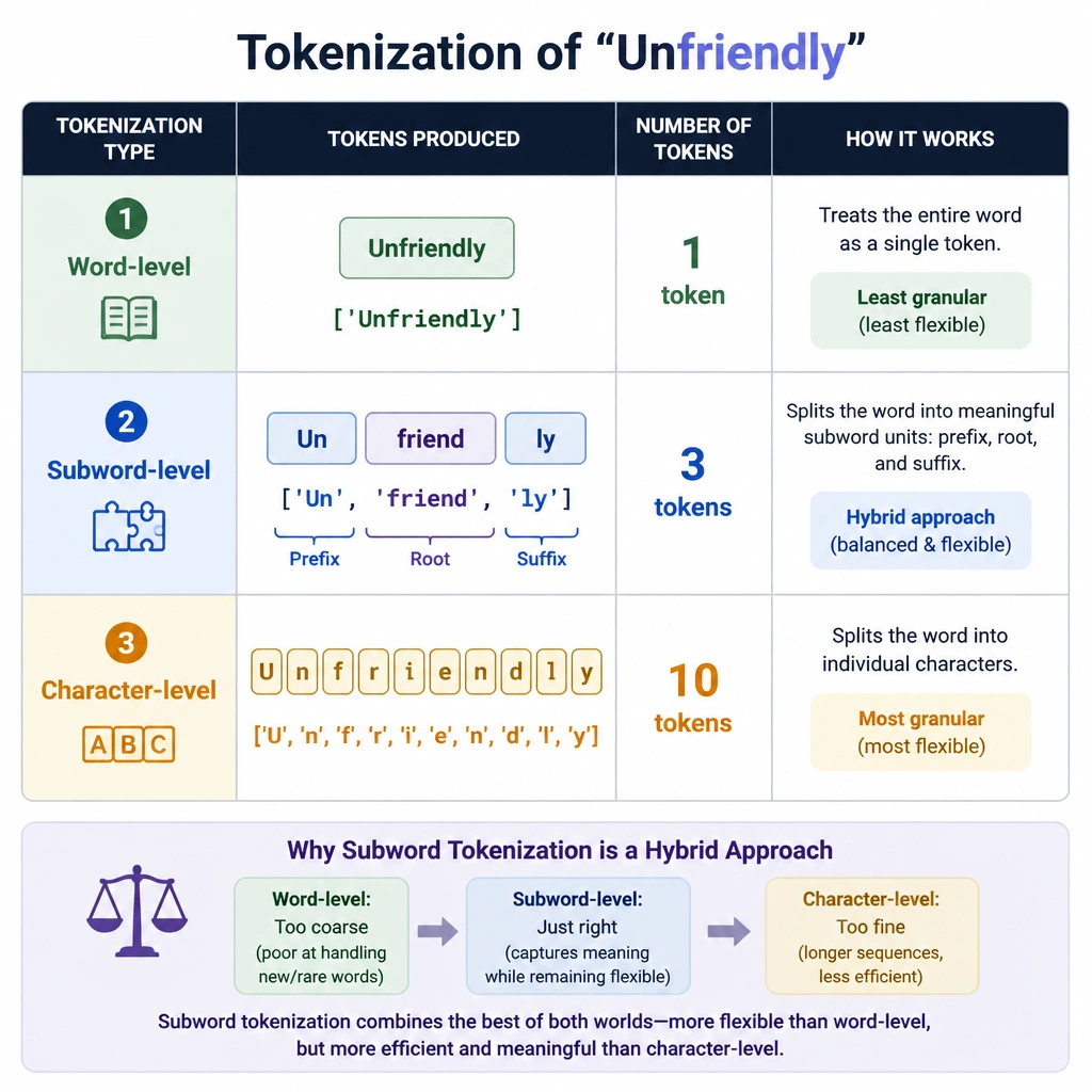 A comparison chart demonstrating three types of tokenization for the word 'Unfriendly'. 1) Word-level: ['Unfriendly'] (1 token). 2) Subword-level: ['Un', 'friend', 'ly'] (3 tokens, combining prefix, root, and suffix). 3) Character-level: ['U', 'n', 'f', 'r', 'i', 'e', 'n', 'd', 'l', 'y'] (10 tokens). The chart illustrates how subword tokenization acts as a hybrid approach.