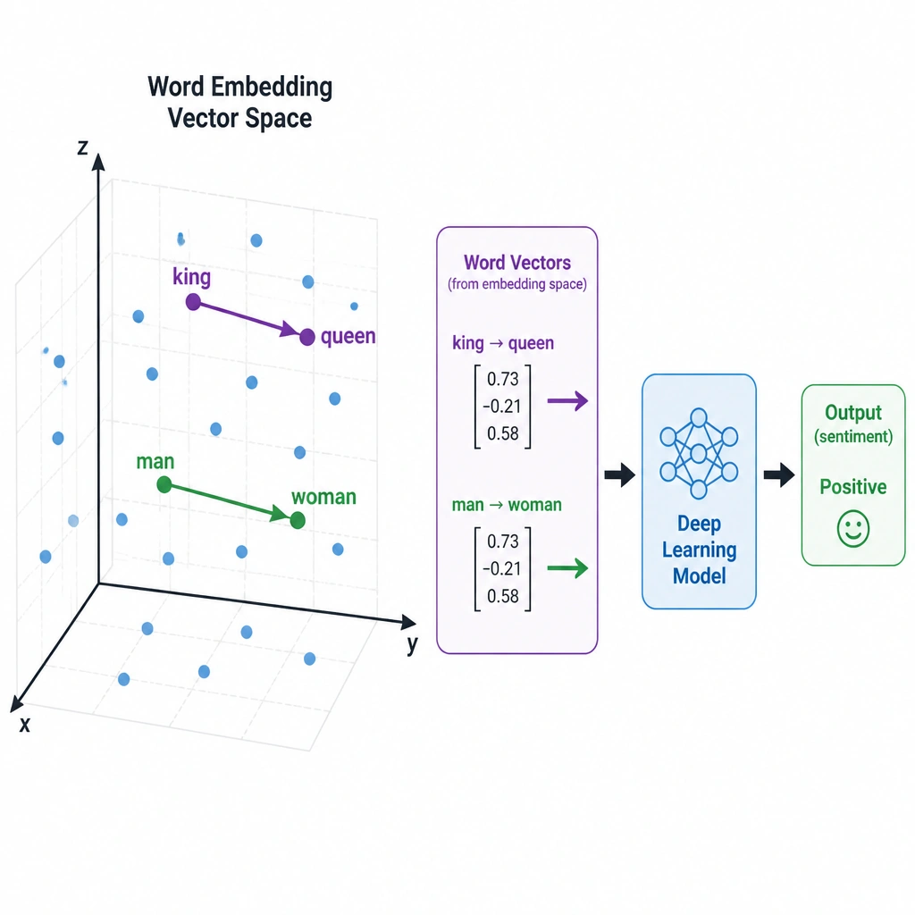 A 3D coordinate graph showing word embeddings. Points represent words plotted in a vector space: 'king' and 'queen' are clustered close together with a vector arrow between them. 'man' and 'woman' are clustered nearby with a parallel vector arrow. An arrow shows these coordinate vectors being fed directly into a 'Deep Learning Model' block, which outputs a sentiment label.