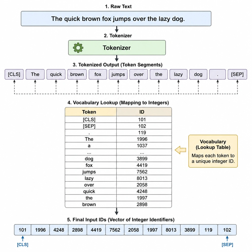 A conceptual flowchart showing a raw text sentence passing into a Tokenizer block, which outputs token segments, maps them to integers using a lookup table (vocabulary), and shows the final input IDs vector containing numeric identifiers and special boundary tokens.