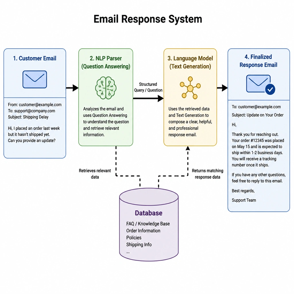 A system block diagram showing a Customer Email entering the system, an NLP parser using Question Answering to retrieve the correct response data from a Database, and a Language Model using Text Generation to output a finalized response email.