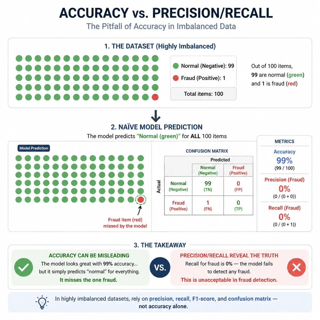 A diagram comparing accuracy vs. precision/recall in a highly imbalanced dataset. It shows a dataset of 100 items where 99 are green (normal) and 1 is red (fraud). A naive model predicts green for all 100 items, achieving 99% accuracy but 0% recall on fraud. The diagram highlights the contrast between the high accuracy score and the failure to detect the red item.