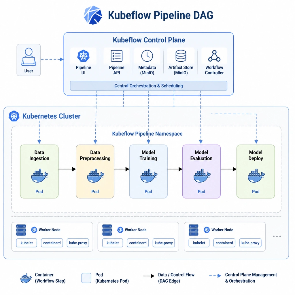 A flow diagram representing a Kubeflow Pipeline DAG (Directed Acyclic Graph) running on a Kubernetes cluster. The workflow blocks are: 'Data Ingestion' -> 'Data Preprocessing' -> 'Model Training' -> 'Model Evaluation' -> 'Model Deploy'. Each block shows a container icon, and the pipeline is managed by a central control plane.