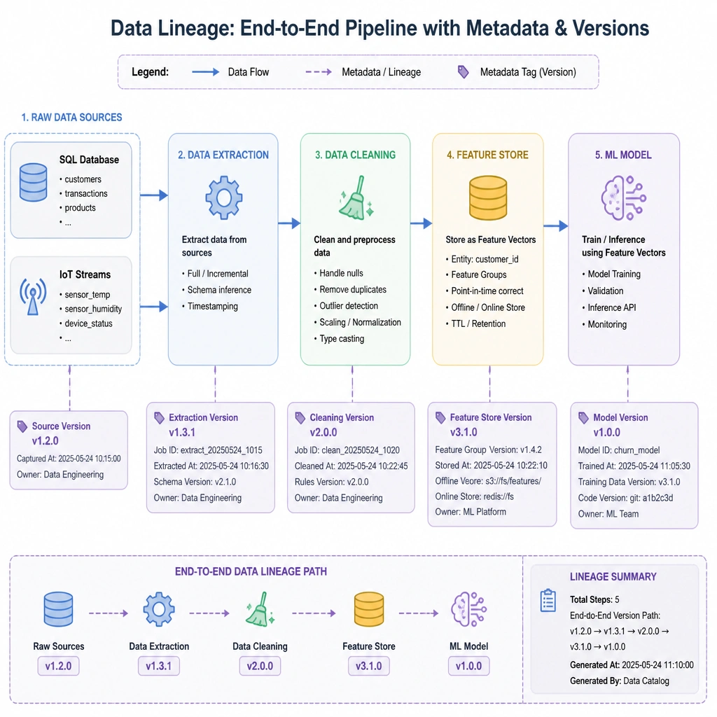 A flowchart illustrating data lineage. Raw data sources (SQL database, IoT streams) flow into 'Data Extraction', then through 'Data Cleaning' (handling nulls, scaling), into a 'Feature Store' as 'Feature Vectors', and finally into the 'ML Model'. The entire path is highlighted with metadata tags showing versions at each step.