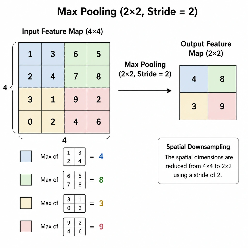 A diagram of a 4x4 grid representing a feature map, divided into four 2x2 quadrants. Show a Max Pooling operation with a stride of 2 extracting the maximum value from each 2x2 quadrant and mapping it to a smaller 2x2 output grid, illustrating spatial downsampling.