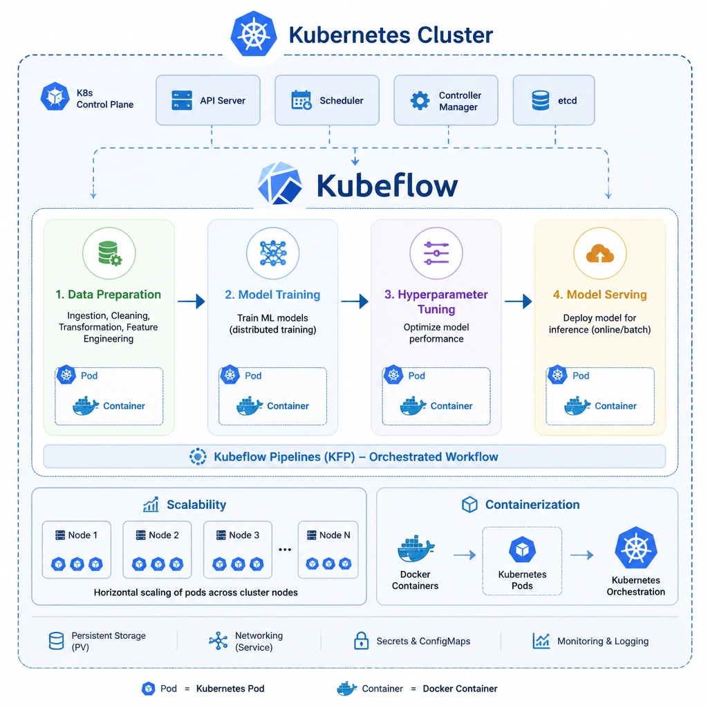 A diagram showing a Kubernetes cluster hosting the Kubeflow logo. Inside, show an orchestrated pipeline representing the ML lifecycle: Data Preparation -> Model Training -> Hyperparameter Tuning -> Model Serving, indicating scalability and containerization.