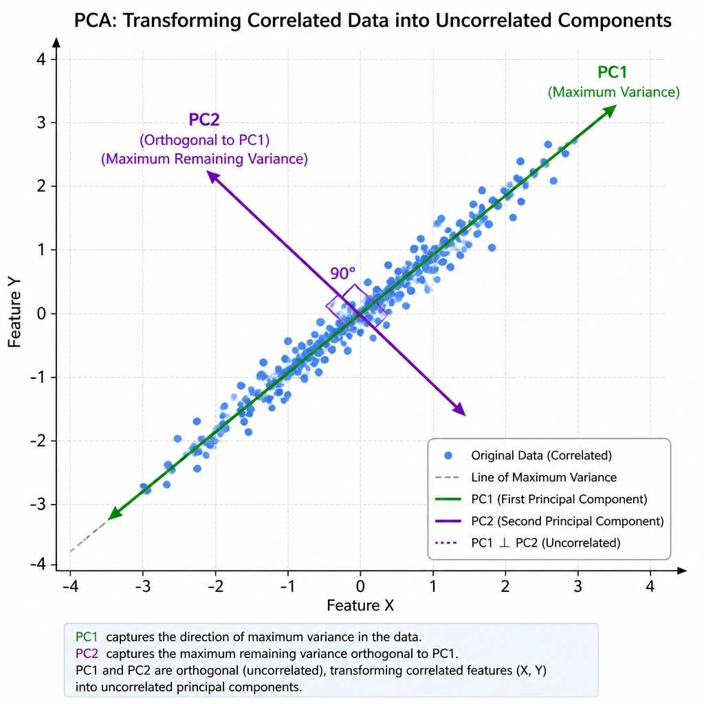 A scatter plot showing data points distributed along a diagonal line representing high correlation between Feature X and Feature Y. Show the new orthogonal axes of Principal Component Analysis (PC1 along the line of maximum variance, and PC2 perpendicular to it) illustrating how PCA transforms correlated data into uncorrelated components.