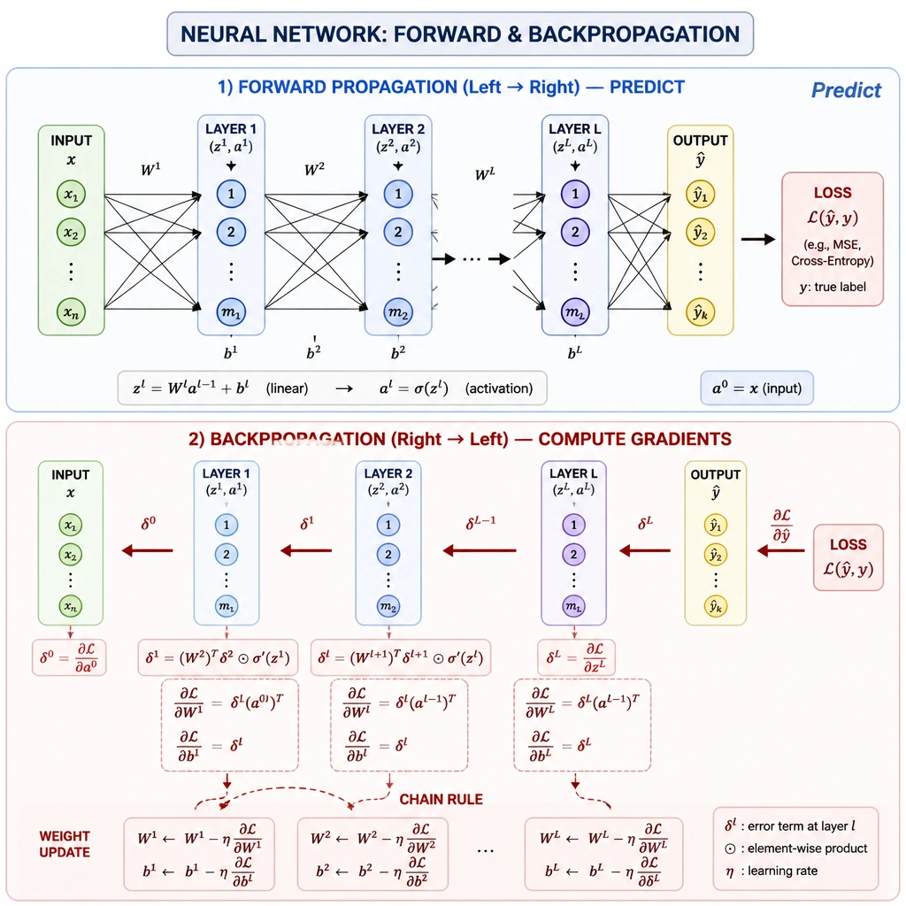 A visual flowchart of a neural network showing two distinct phases: forward propagation (arrows pointing from left/input to right/output labeled 'Predict') and backpropagation (arrows pointing from right/loss to left/input with mathematical delta/gradient symbols and 'Chain Rule' indicated above the weight update steps).