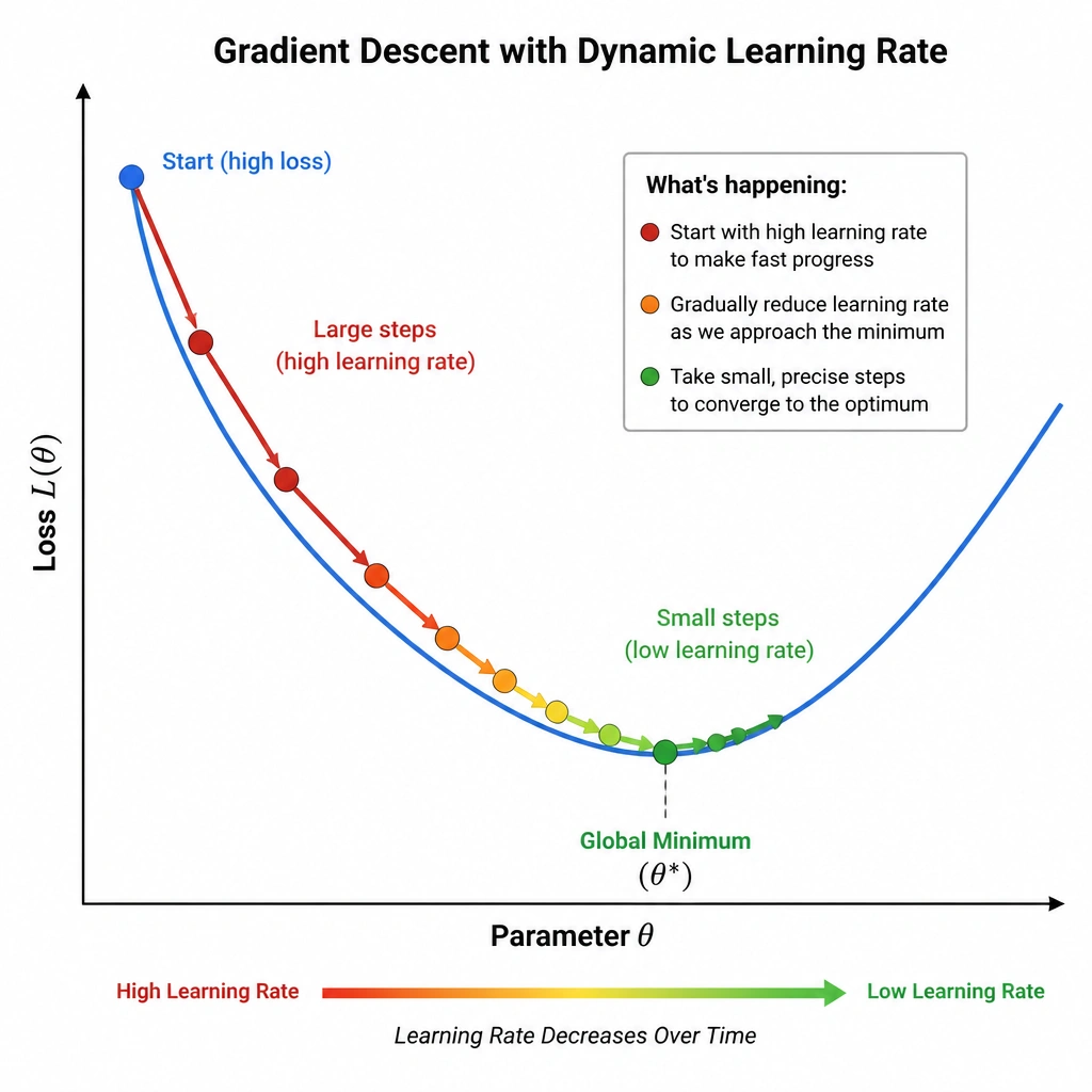 A graph showing the path of gradient descent down a loss curve, with large steps at the top (high learning rate) that gradually become smaller and more precise near the global minimum (low learning rate), representing a dynamic learning rate schedule.