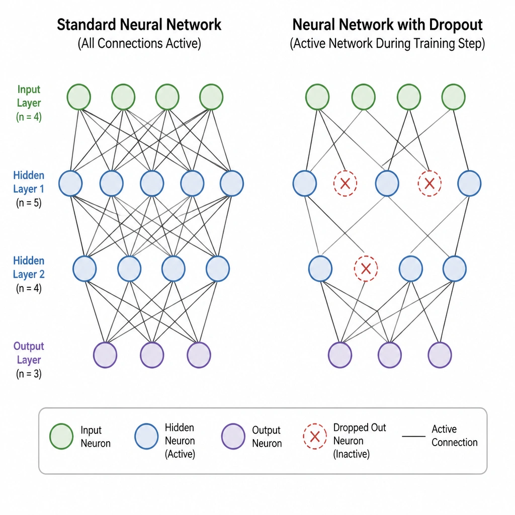 A comparison diagram showing a standard neural network on the left with all layers fully connected, and the same neural network on the right with several neurons crossed out ('dropped out') and their associated connection lines removed, illustrating the active network architecture during a training step.