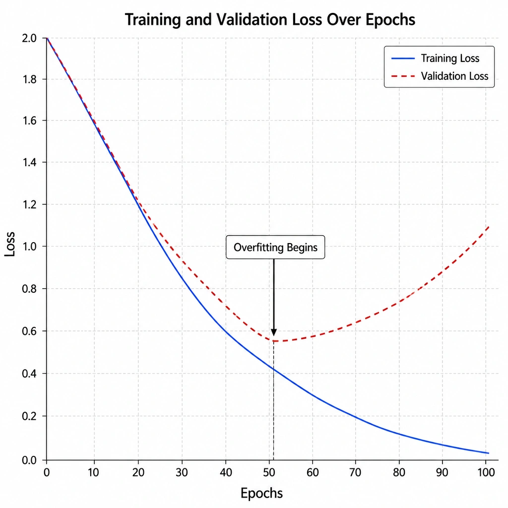 The image should present a line graph showing "Loss" on the vertical axis and "Epochs" on the horizontal axis. The training loss curve should continuously descend, while the validation loss curve begins to rise after a certain epoch, highlighting the split labeled "Overfitting Begins."