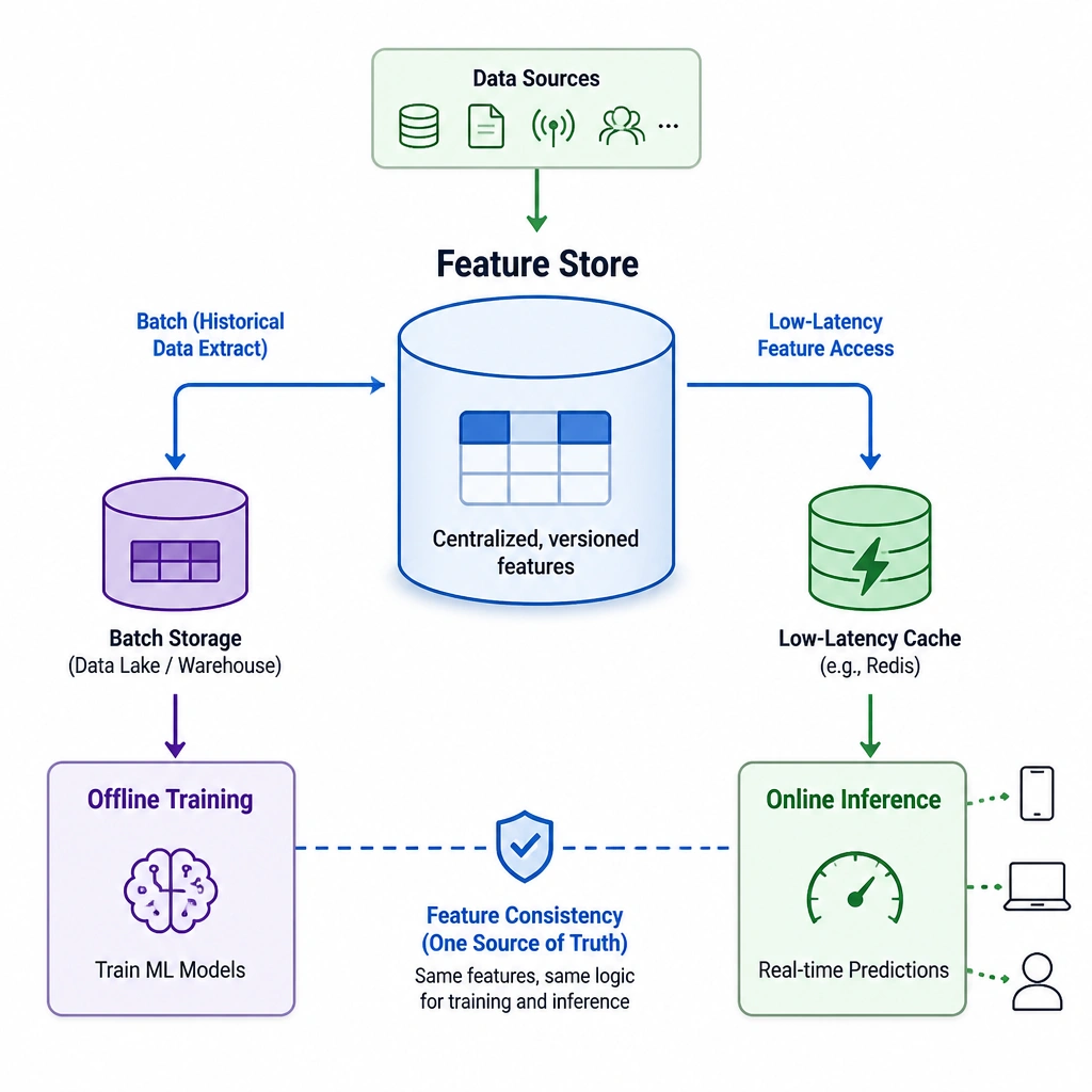 The diagram should depict a centralized "Feature Store" cylinder database feed. One arrow pointing to the left goes to "Offline Training" via a batch database, and another arrow pointing to the right goes to "Online Inference" via a low-latency cache, ensuring feature consistency.
