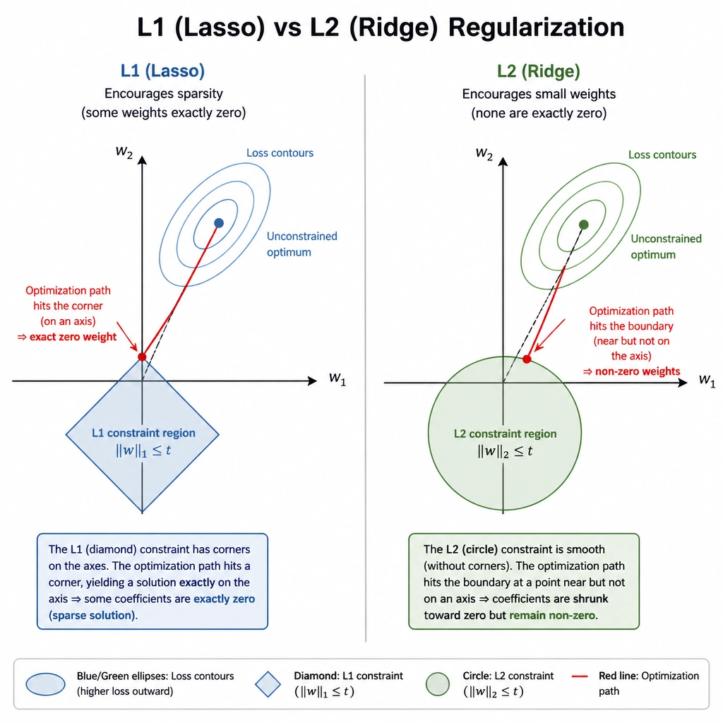 A comparison diagram showing L1 (Lasso) vs L2 (Ridge) regularization. On the left, the L1 constraint region is represented as a diamond shape, showing the optimization path hitting a corner (exactly on an axis, indicating a zero weight). On the right, the L2 constraint region is represented as a circle, showing the optimization path hitting a point near but not on the axis (non-zero weight).
