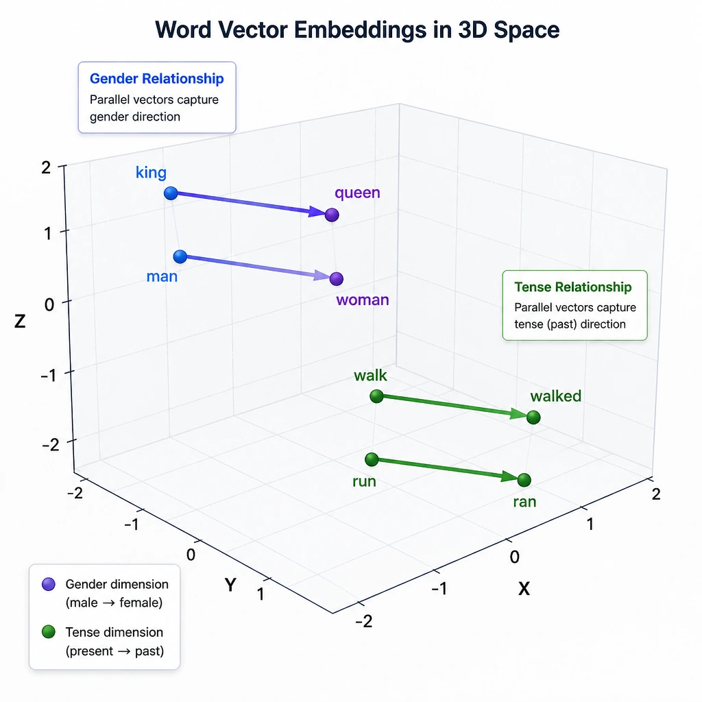 A 3D spatial plot illustrating word vector embeddings. It shows cluster groups of semantically related words: 'king', 'queen', 'man', 'woman' grouped together, with parallel vectors indicating gender relationships. Another cluster shows verbs like 'walk', 'walked', 'run', 'ran' representing tense relationships.