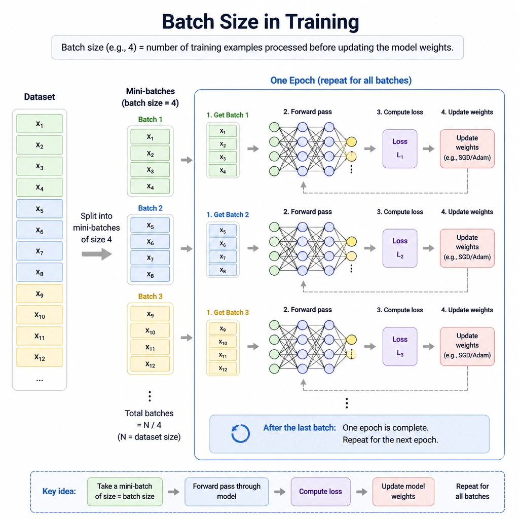 A diagram illustrating batch size in training. It shows a dataset split into multiple groups (mini-batches) of a specific size (e.g., batch size = 4). Each batch passes through a neural network model, computes a loss, and triggers a weight update, repeating this sequence for all batches to complete one epoch.