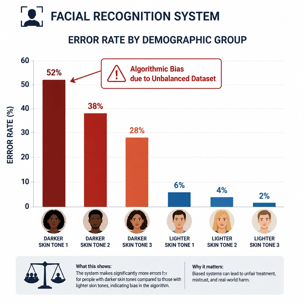 A visual analysis showing disparate error rates in a facial recognition system. A bar chart compares 'Error Rate by Demographic Group' showing high error rates for darker skin tones and low error rates for lighter skin tones, with a warning label pointing to the high bar reading 'Algorithmic Bias due to Unbalanced Dataset'.