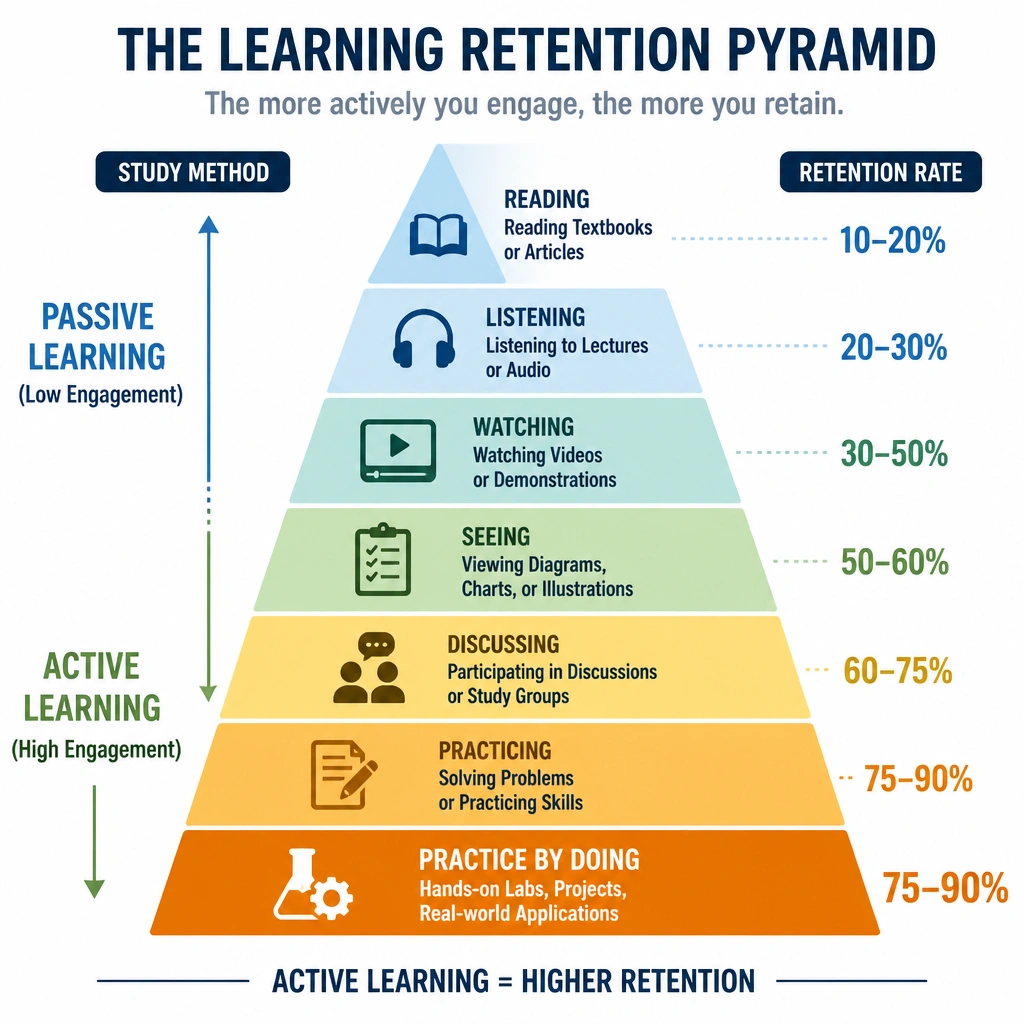 An educational pyramid diagram showing retention rates of different study methods. At the top of the pyramid, 'Passive Learning' (Reading, Listening) shows low retention (10-20%), while the bottom base labeled 'Active Learning' (Practice by Doing, Hands-on Labs, Projects) shows high retention (75-90%).