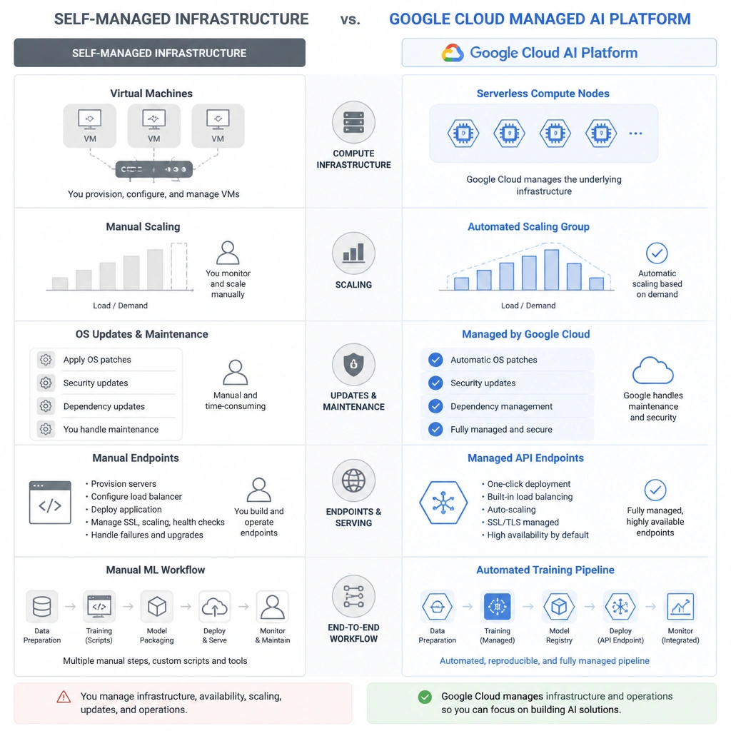 A conceptual architecture diagram comparing self-managed infrastructure (virtual machines, manual scaling, OS updates, manual endpoints) vs Google Cloud managed AI Platform (automated training pipeline, automated scaling group, managed API endpoints, and serverless compute nodes).